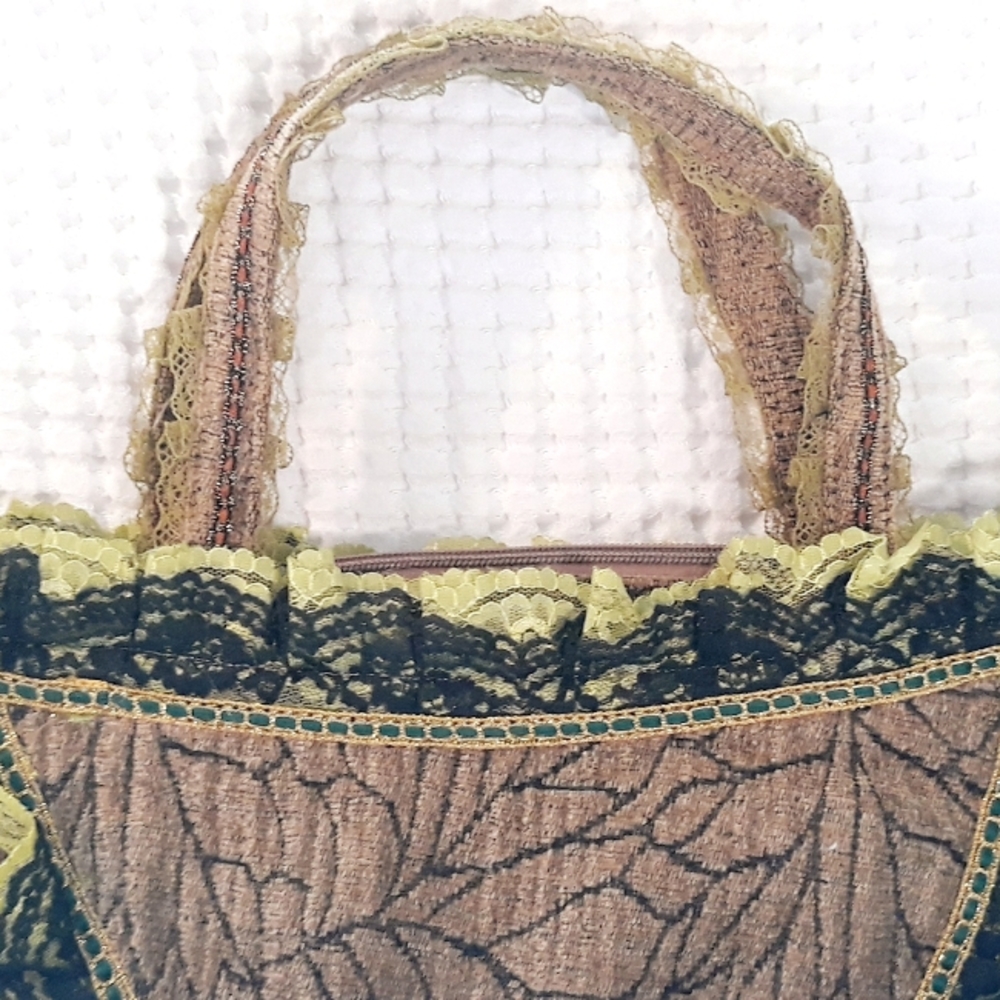 Embellished Whimsical Floral Tapestry Bag - Victorian Style Ruffle Hand Bag - Picture 11 of 16